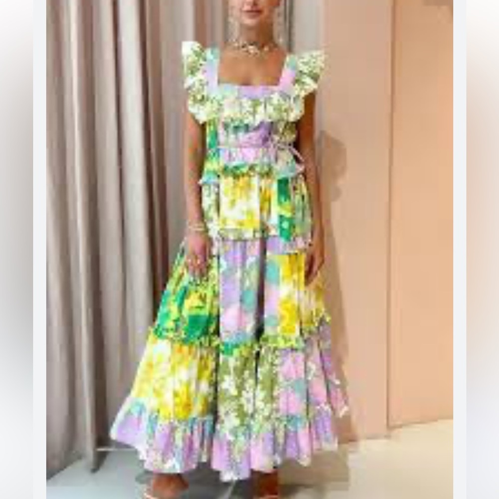 New Dalia Macphee Floral Patchwork Maxi Dress size S color Lime Multi - Picture 2 of 16